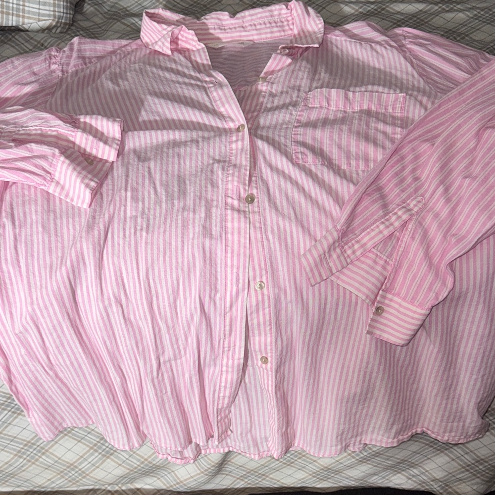 LC Lauren Conrad Pink & White Striped Button-Down Blouse